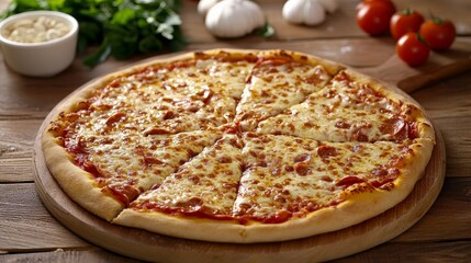 On a wooden table, delectable margherita pizza and fixings
