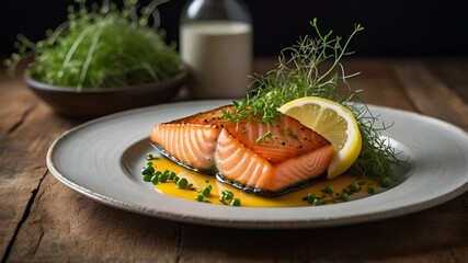 A perfectly seared salmon fillet, complemented by a citrus-based sauce and fresh microgreens, offering a refined and flavorful dining experience.