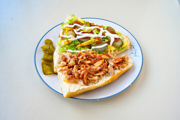 Meat Chicken Doner, between bread (Turkish Name : ekmek arasi et doner, tavuk doner, Gobit ekmek arasi, Turk kebabi)