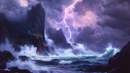 Fototapeta premium Dramatic coastal scene with lightning striking near rocky cliffs during a turbulent storm.