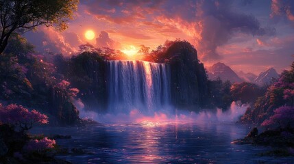Majestic waterfall cascading into a tranquil lake at vibrant sunset, surrounded by lush, blossoming trees and mountains.