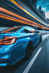 Dynamic view of a blue sports car speeding on a racetrack under a clear sky with dramatic clouds.