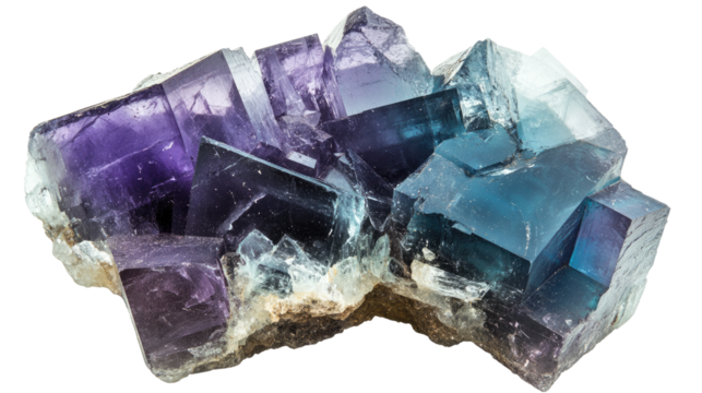 Blue and Purple Fluorite Crystal Cluster: A close-up shot of a blue and purple fluorite crystal cluster, showcasing its intricate geometric forms and vibrant colors.