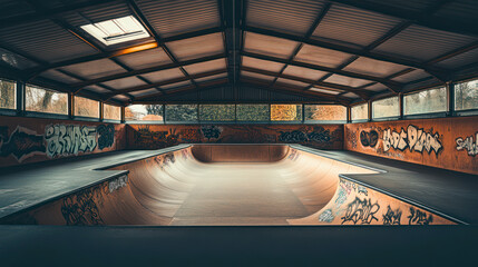 Indoor skate park interior, former hangar or warehouse