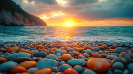 Obraz premium Vibrant sunset over pebble beach.