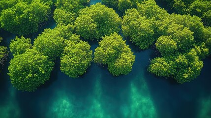 Naklejka premium Aerial view of lush mangrove trees surrounded by clear blue water.
