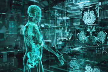 A conceptual image of a stethoscope on a laptop keyboard with digital healthcare and data network graphics overlay.