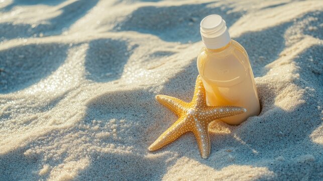 empty Bottle of sunscreen lotion and starfish on tropical beach, Beach accessories and summer concept, copy space.