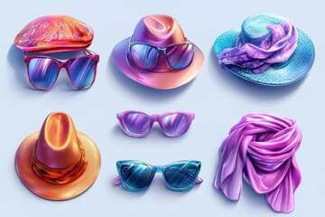Stylish collection of colorful hats, sunglasses, and scarves displayed against a minimalist backdrop for fashion inspiration