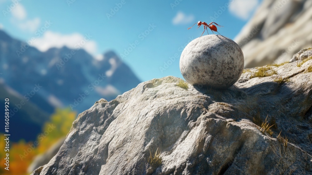 Poster Artistic representation of an ant rolling a stone uphill on a mountain, depicting a mythological metaphor of relentless perseverance.
