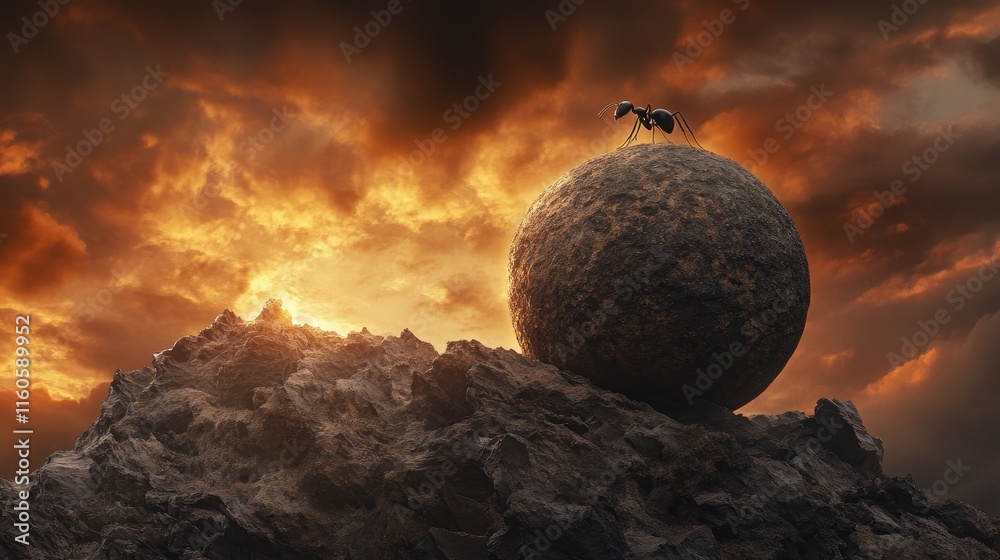 Poster Artistic representation of an ant rolling a stone uphill on a mountain, depicting a mythological metaphor of relentless perseverance.