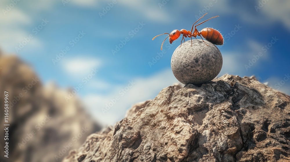 Poster Artistic representation of an ant rolling a stone uphill on a mountain, depicting a mythological metaphor of relentless perseverance.