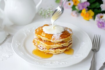 Delicious Buttermilk Pancakes Stack with Syrup and Cream Drizzle Breakfast Food