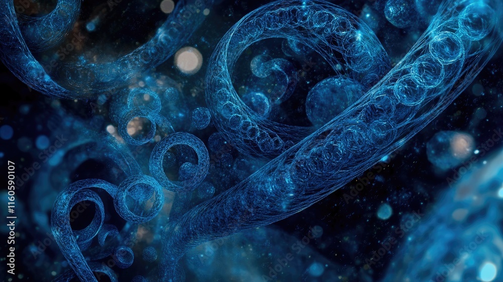 Poster artistic representation of blue dna helixes swirling in circles, symbolizing the complexity of genet