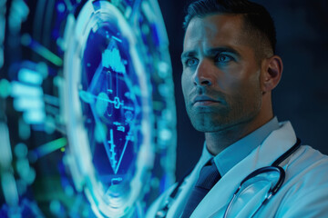 A doctor interacts with advanced medical interface showing various health diagnostics and brain scans.