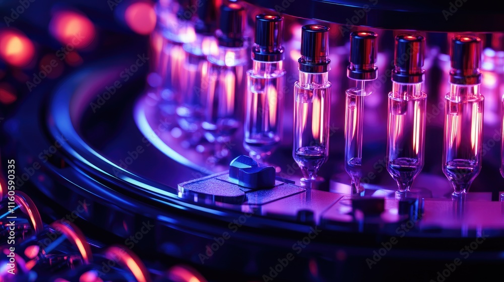 Poster automated optical ampoule inspection machine in a pharmaceutical factory, designed to inspect and en