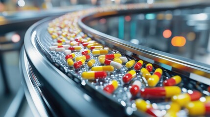 Automated pharmaceutical production line with pills moving on the conveyor belt, showcasing efficiency in manufacturing.