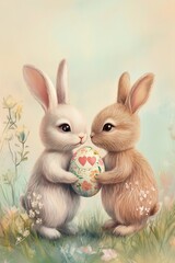 Obraz premium Häschenpaar mit buntem Ei