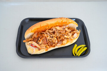 Meat Chicken Doner, between bread (Turkish Name : ekmek arasi et doner, tavuk doner, Gobit ekmek arasi, Turk kebabi)