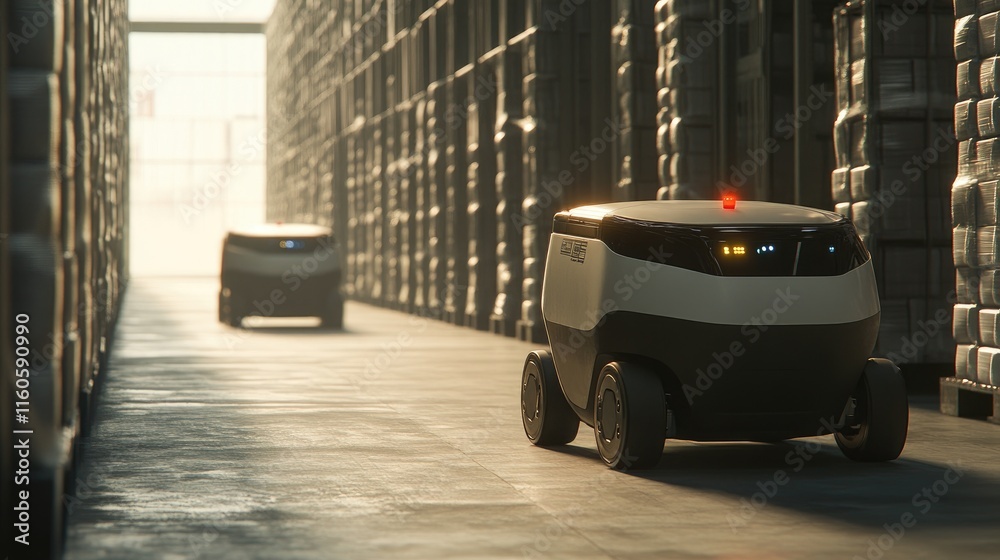 Poster Autonomous robots handling packages in a modern warehouse environment, highlighting the power of automation in logistics.