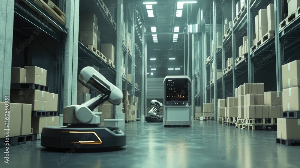 Leinwandbilder Autonomous robots handling packages in a modern warehouse environment, highlighting the power of automation in logistics.