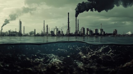 Naklejka premium Banner image illustrating toxic water pollution with dark water filled with chemical waste, creating awareness of environmental dangers.