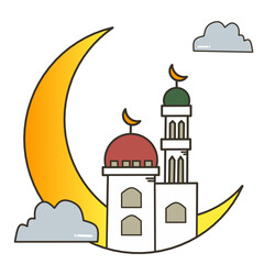 Islamic Mosque with Crescent Moon for Ramadan Kareem and Eid Mubarak Decorative. Islamic religious festival celebration.