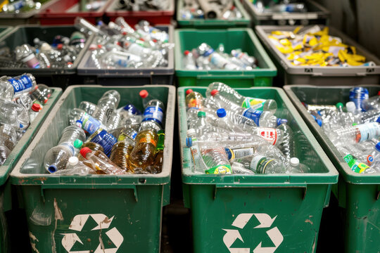 Four colorful recycling bins overflowing with assorted waste and recyclables in an outdoor setting. - Powered by Adobe