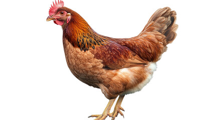 Fototapeta premium Brown Hen Standing Proud: A close-up of a brown hen, showcasing its intricate plumage and vibrant red comb. The hen's pose exudes confidence and vitality.