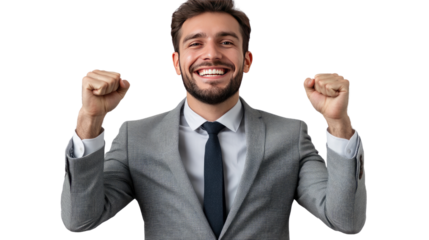Triumphant Businessman: A confident businessman celebrates success with a triumphant fist pump, radiating joy and accomplishment.
