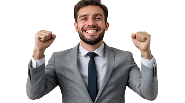 Triumphant Businessman: A confident businessman celebrates success with a triumphant fist pump, radiating joy and accomplishment.