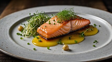 A gourmet salmon dish with a crispy sear, enhanced by a citrus drizzle and vibrant microgreens, offering a deliciously sophisticated presentation