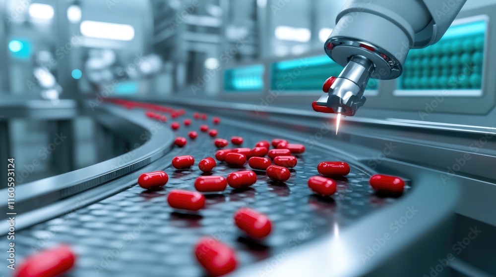 Aufkleber close-up of a robot processing red pills on a conveyor belt in a pharmaceutical plant, symbolizing a