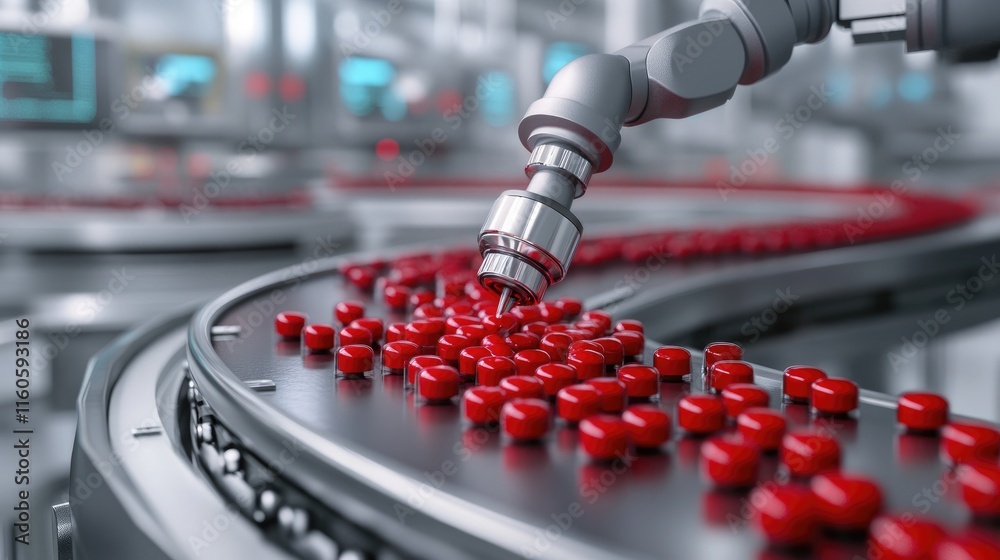 Poster close-up of a robot processing red pills on a conveyor belt in a pharmaceutical plant, symbolizing a