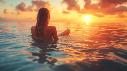 Fototapeta premium a person sitting in the ocean at sunset, with their back to the camera and soft orange and purple hues reflecting on the water's surface.