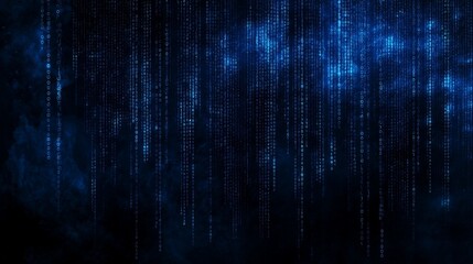 Mystical dark blue space with digital code streams and binary numbers