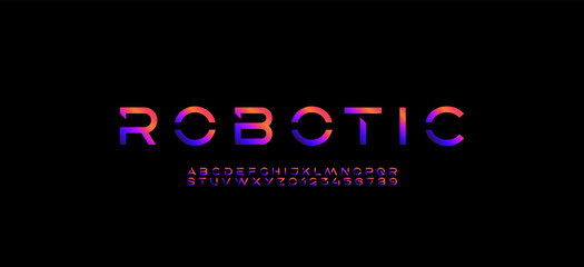 Technology font, digital cyber alphabet made future space style, bright letters A, B, C, D, E, F, G, H, I, J, K, L, M, N, O, P, Q, R, S, T, U, V, W, X, Y, Z and numerals 0, 1, 2, 3, 4, 5, 6, 7, 8, 9.