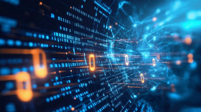 Mystical dark blue space with digital code streams and binary numbers