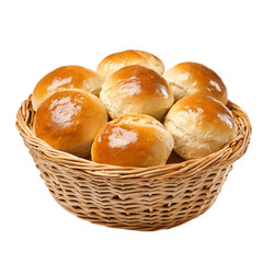Fresh Baked Bread Rolls in Basket, Isolated transparent Background, Food Photography