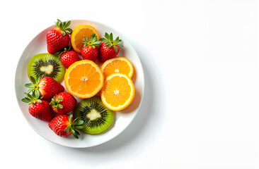 plate of fresh fruits, including strawberries, kiwi, and orange slices, fruit salad, positioned on left side, copy space, isolated on white background