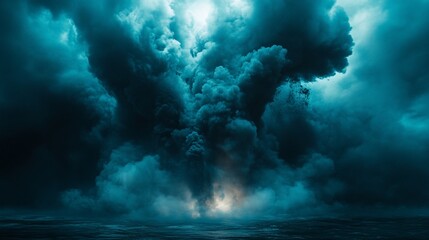 Dark teal ominous storm clouds over water.