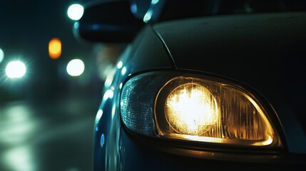 Car with a broken headlight at night. Featuring a concerned driver