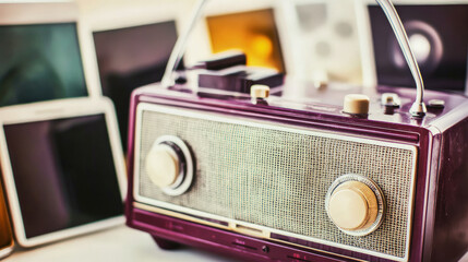 Close-up of vintage radio emitting static noise, contrasting with modern digital devices, symbolizing the shift from traditional to digital media.