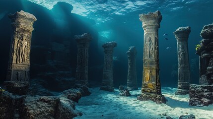 Ancient underwater ruins, partially buried in sand, overgrown with seaweed, glowing faintly. Massive columns rise from the depth