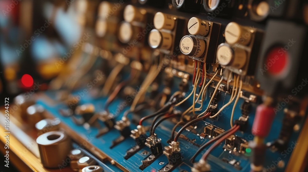 Poster Close-up of an electrical board with complex wiring and switches, part of automation systems controlling industrial processes.