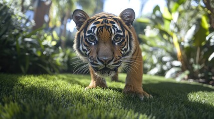 Fototapeta premium A Sumatran tiger cub approaches, looking directly at the camera in a lush green environment.