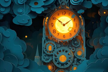 A whimsical paper - cut clock tower with swirling gears and a glowing moon backdrop