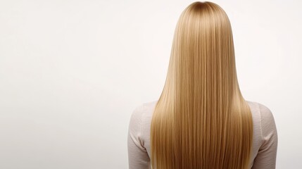 Naklejka premium Beautiful model girl with Blond hair strand,silky healthy wavy hair strand,hair wavy ribbon, with smooth,Keratin straightening,Treatment,straight long hair,procedures,Smooth hairstyle.