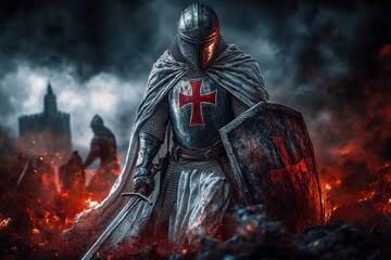Medieval Knights Templar warrior standing in a heroic pose