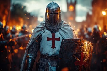 Medieval Knights Templar warrior standing in a heroic pose